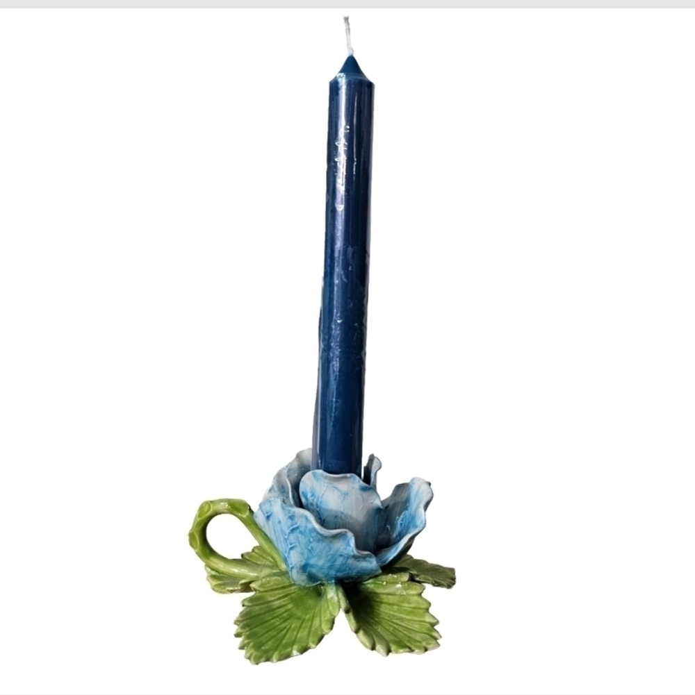 Capodimonte Blue Rose Candle Holder w/ Holding Ring Hand Painted In Portugal